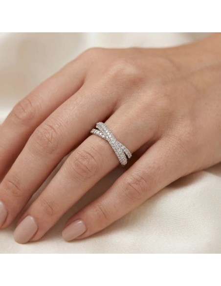Anello "Incrocio" in Oro Bianco 18kt con Doppia Incastonatura e Diamanti 0,48 ct