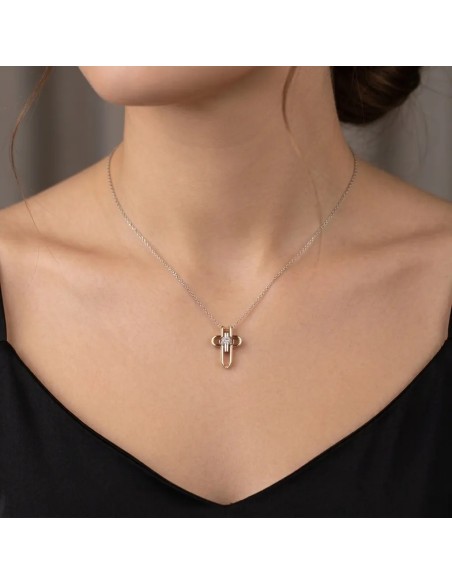 Halskette mit Kreuzanhänger aus 18-karätigem Weiß- und Roségold und Diamanten