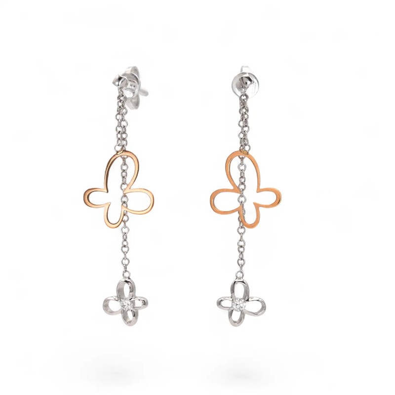 Orecchini Pendenti Farfalle in Oro Bianco e Rosa con Diamanti 0,10 ct