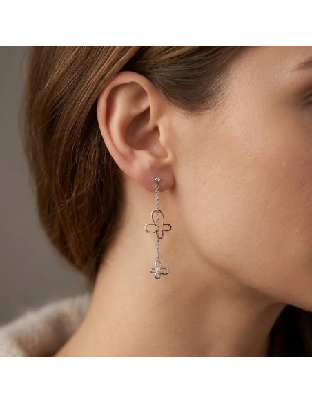 Orecchini Pendenti Farfalle in Oro Bianco e Rosa con Diamanti 0,10 ct