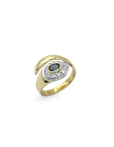 Anello Bicolore Oro 18kt con Zaffiro Ovale e Contorno di Diamanti