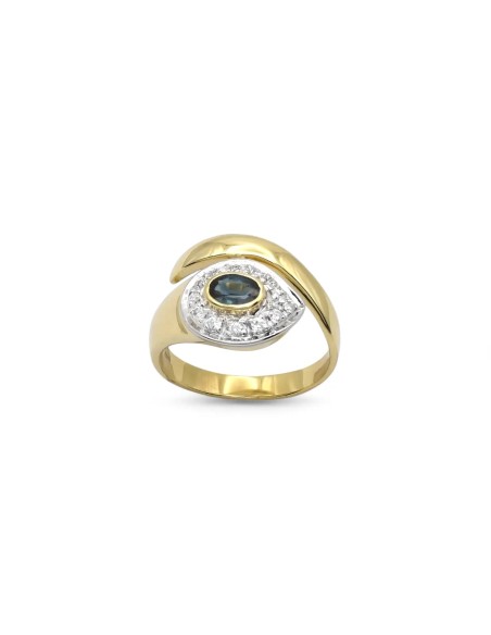 Zweifarbiger Ring aus 18-karätigem Gold mit ovalem Saphir und Diamantbesatz