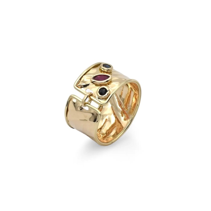 Anello "Royal Bloom" in Oro Giallo 18kt con Rubino Marquise e Zaffiri