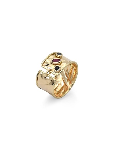 Anello "Royal Bloom" in Oro Giallo 18kt con Rubino Marquise e Zaffiri