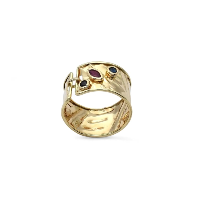 "Royal Bloom" Ring in 18kt Yellow Gold with Marquise Ruby and Sapphires