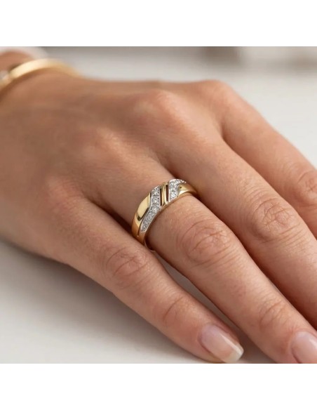 Anillo de banda cruzada bicolor en oro de 18 kt y diamantes de 0,15 ct