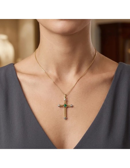 Collana con Croce "Faith & Light" in Oro Bicolore e Smeraldo 0,07 ct