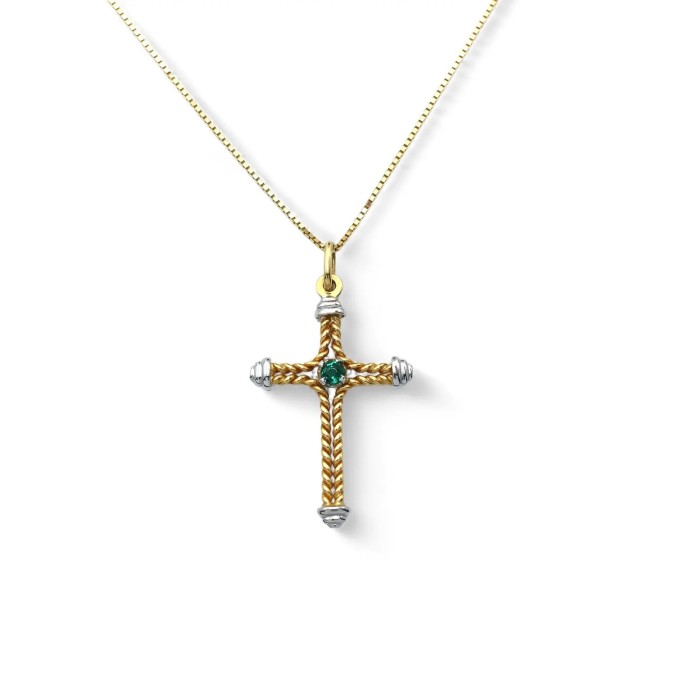 "Faith & Light" Cross Necklace in Two-Tone Gold and 0.07 ct Emerald