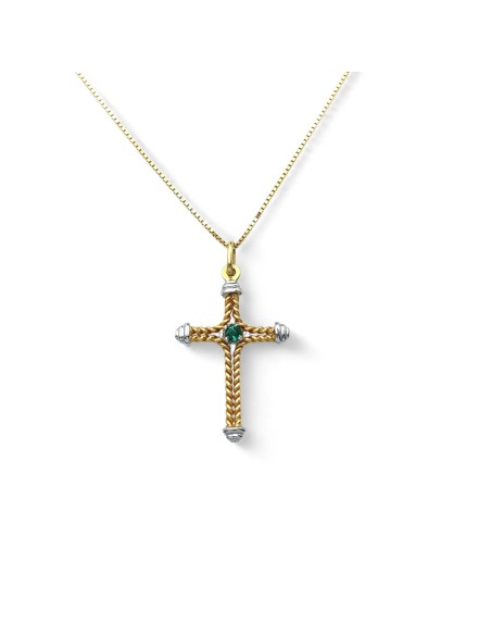 „Glaube & Licht“-Kreuzkette in zweifarbigem Gold und 0,07 ct Smaragd
