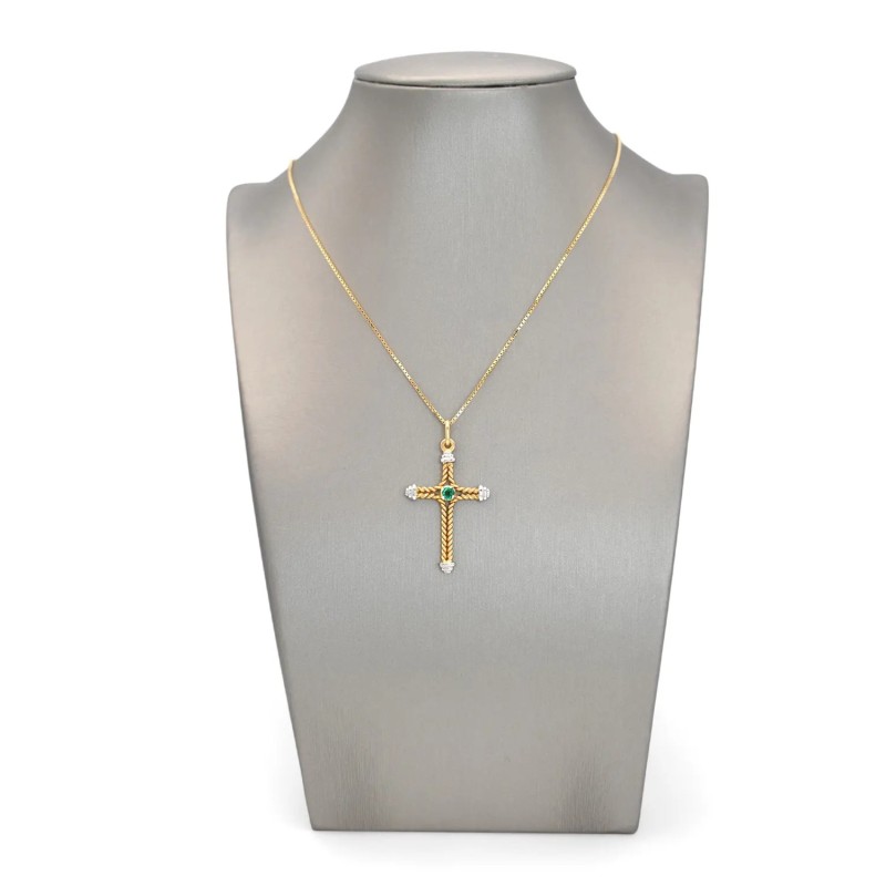 "Faith & Light" Cross Necklace in Two-Tone Gold and 0.07 ct Emerald