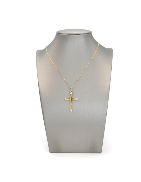 Collana con Croce "Faith & Light" in Oro Bicolore e Smeraldo 0,07 ct