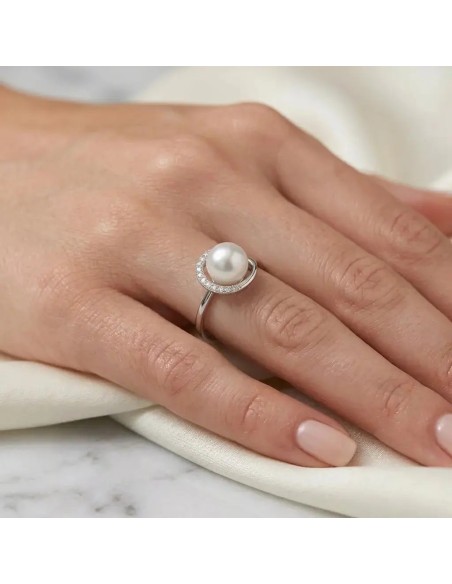 Anello "Pearl Dew" in Oro Bianco 18kt con Perla Coltivata e Diamanti