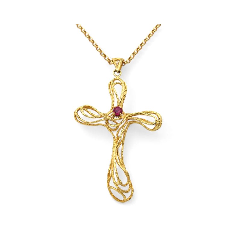 Collana Rolò in Oro Giallo 18kt con Croce Ornata e Rubino 0,12 ct