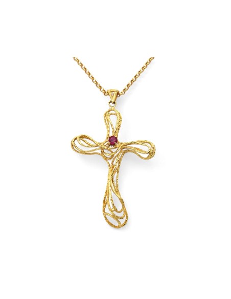 Rolo-Halskette aus 18-karätigem Gelbgold mit kunstvollem Kreuz und 0,12 ct Rubin