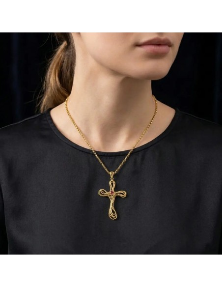 Rolo-Halskette aus 18-karätigem Gelbgold mit kunstvollem Kreuz und 0,12 ct Rubin