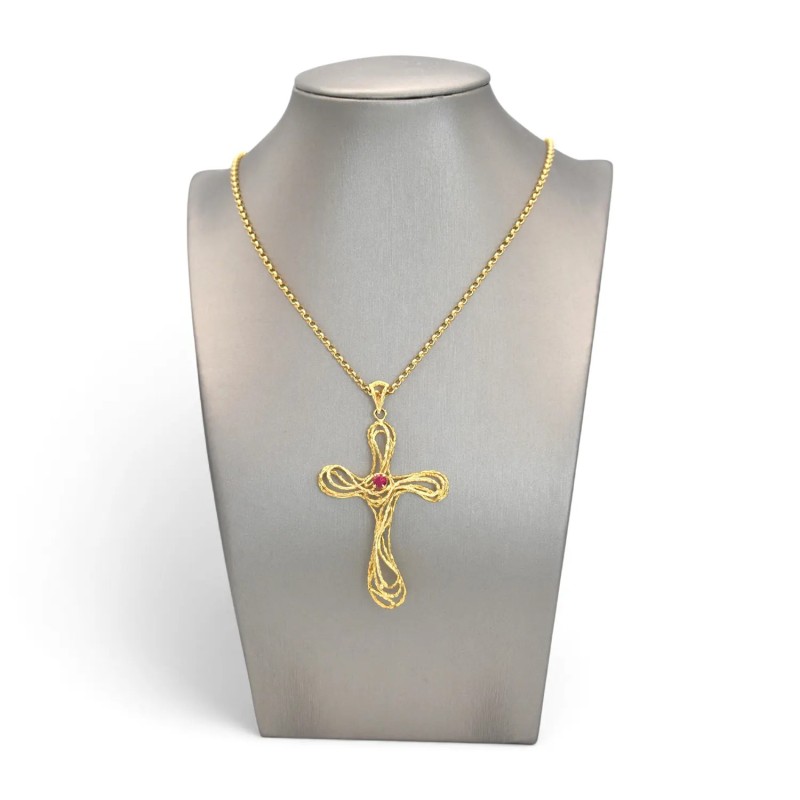 Rolo-Halskette aus 18-karätigem Gelbgold mit kunstvollem Kreuz und 0,12 ct Rubin