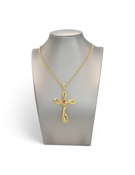 Collana Rolò in Oro Giallo 18kt con Croce Ornata e Rubino 0,12 ct