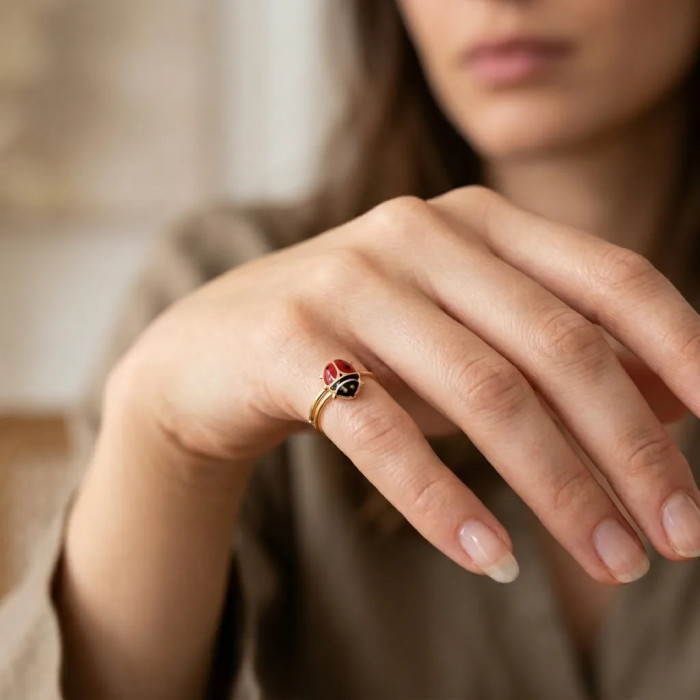 Anillo "Amuleto de la Suerte" de oro amarillo de 18 quilates con mariquita 2