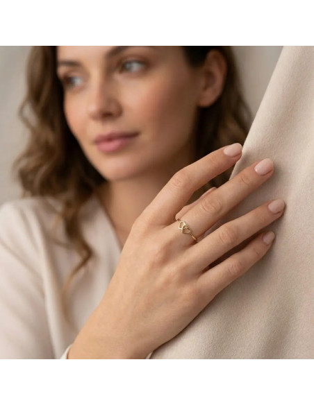 Thin Yellow Gold Ring with Two Intertwined Hearts 1 gr
