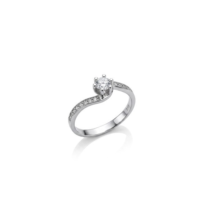 Anello Solitario Sinuoso Oro Bianco con 6 Griffe e Zirconi 2,3 gr