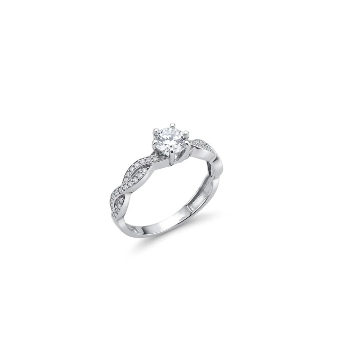 Anello Solitario Oro Bianco con Gambo Intrecciato e Zirconi 2,4 gr