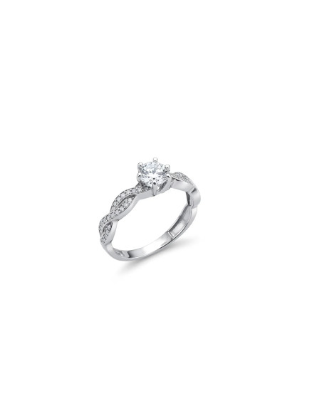 Anello Solitario Oro Bianco con Gambo Intrecciato e Zirconi 2,4 gr