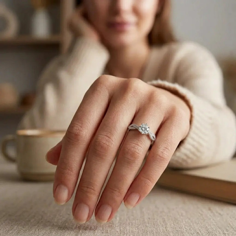 White Gold Solitaire Ring with Braided Shank and 2.4g Zirconia