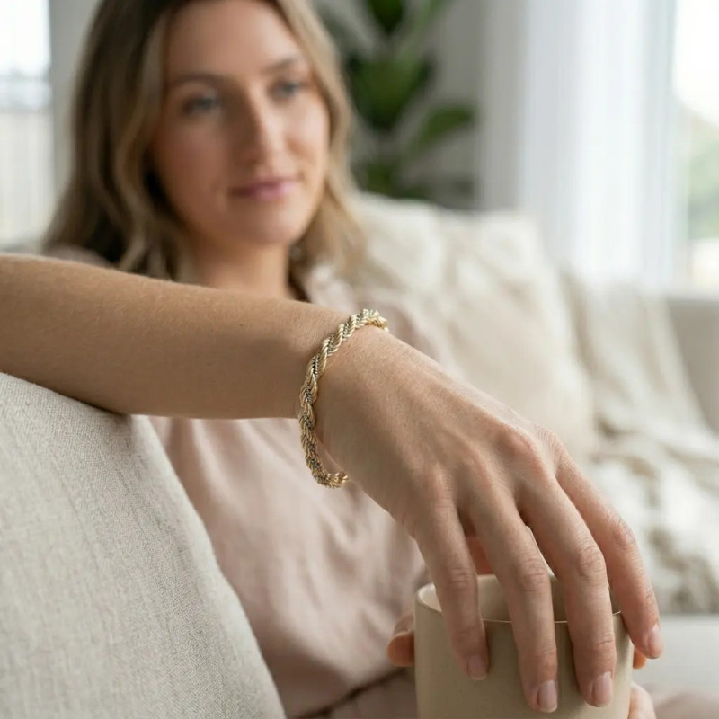 Pulsera veneciana de cordón trenzado dorado bicolor, 21 cm - 12,70 g