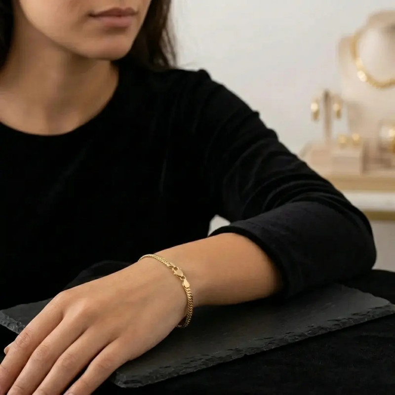 Pulsera de oro amarillo de 18 quilates con eslabón plano con ojal, 21 cm - 9,3 g