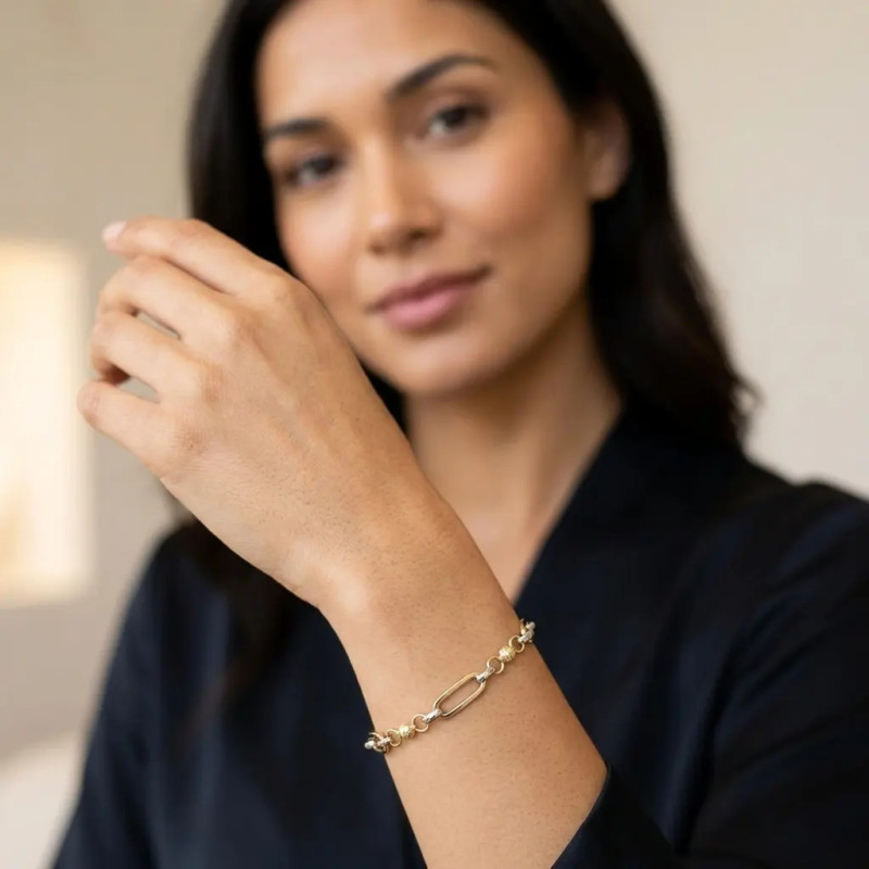 Pulsera de oro bicolor de 18 quilates con eslabones ovalados y esferas, 19 cm - 4,9 g