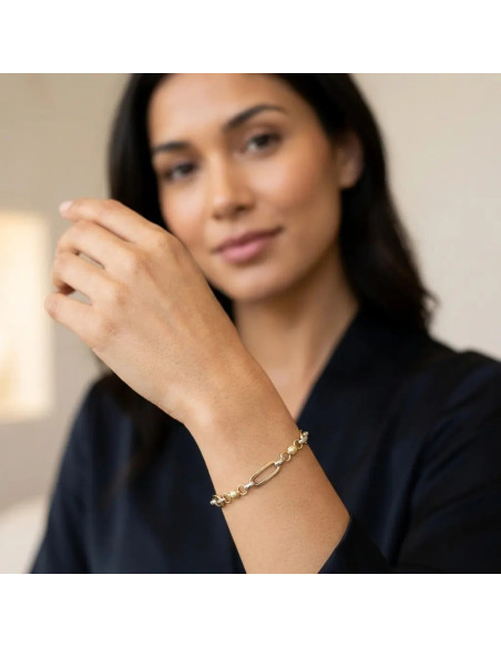 Pulsera de oro bicolor de 18 quilates con eslabones ovalados y esferas, 19 cm - 4,9 g
