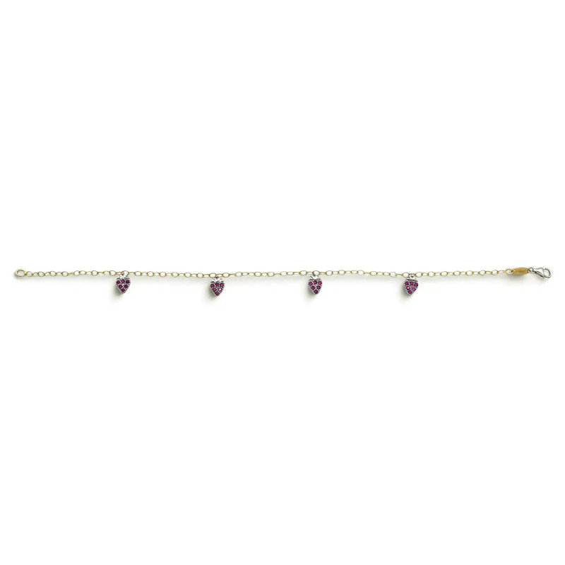 18kt Yellow Gold Bracelet with Strawberries Pendants, White Gold and Red Zircons, 19 cm