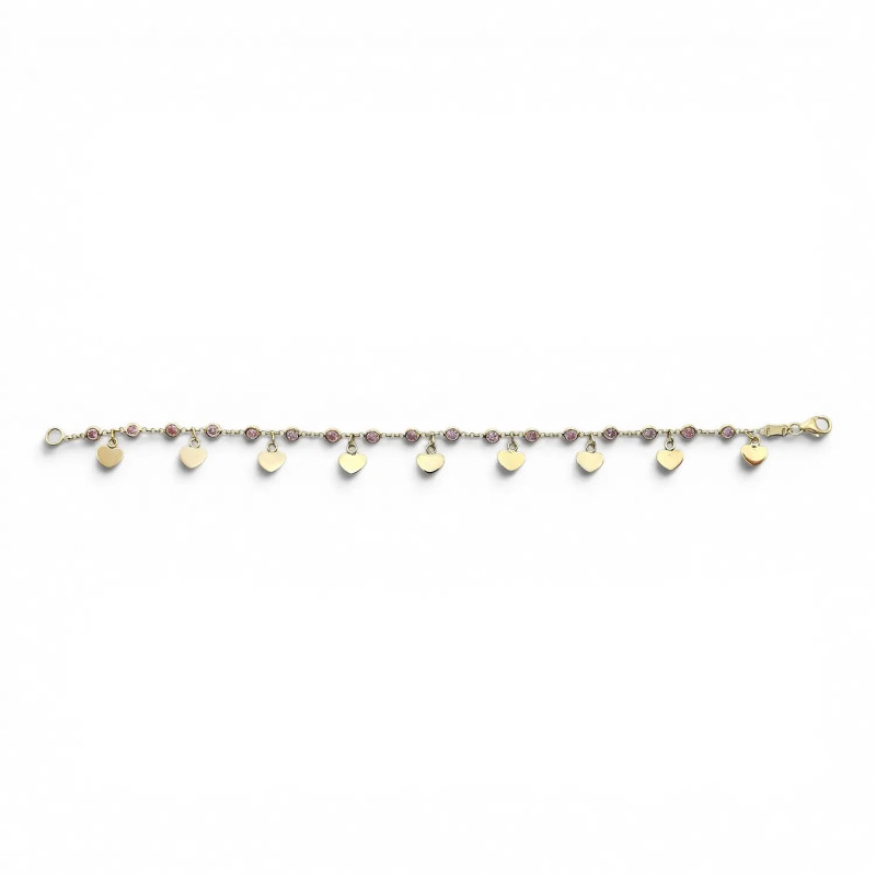 Bracciale Oro Giallo 18kt con Zirconi Rosa e Cuori Pendenti 17 cm - 4,8 gr