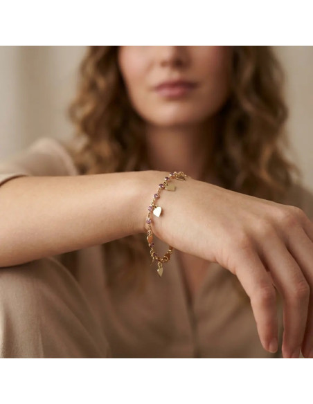 18kt Yellow Gold Bracelet with Pink Zirconia and Pendant Hearts 17 cm - 4.8 gr