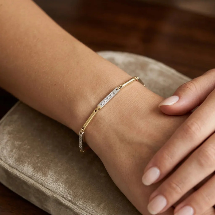 18kt Two-Tone Gold Bracelet with Polished Bars and White Zirconia - 6g 2