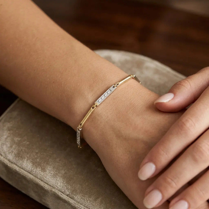 Bracciale Oro Bicolore 18kt con Barrette Lucide e Zirconi Bianchi - 6 gr