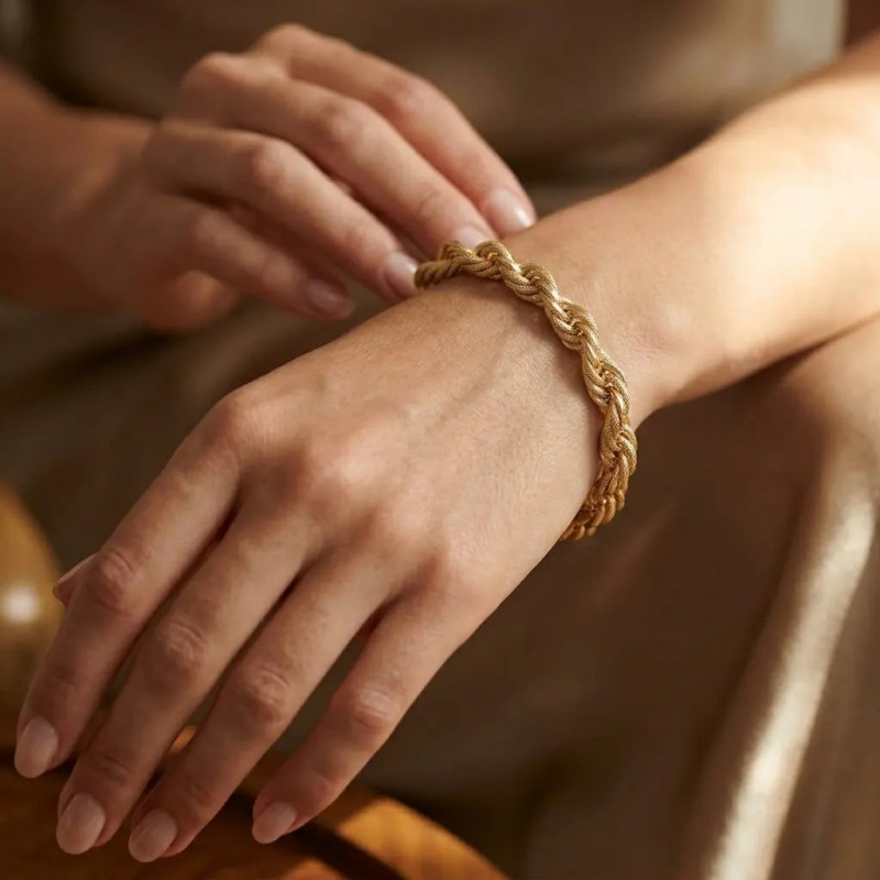 Pulsera de cordón de oro amarillo de 18 quilates, pulida y moleteada, 21 cm - 19,6 g