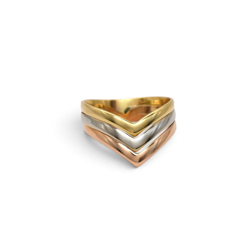 Anillo con banda en forma de V de oro amarillo, blanco y rosa de 18 quilates - 4,1 g