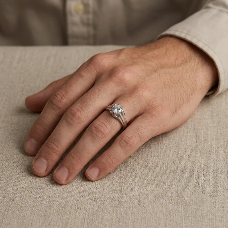 Anillo solitario unisex de oro blanco de 18 quilates con circonita grande - 7,6 g