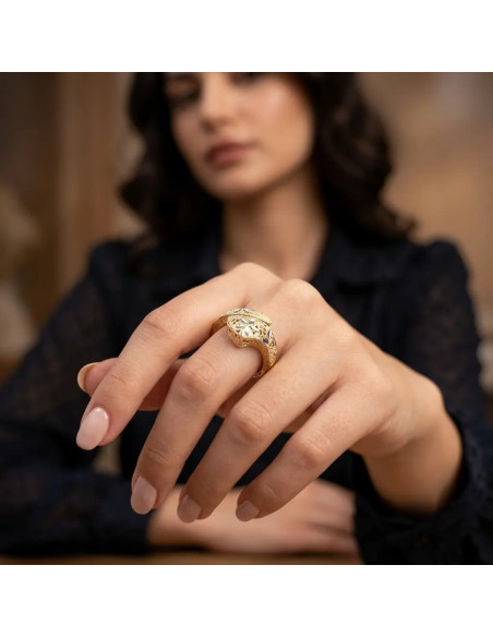 18kt Two-Tone Gold Openwork Contrariè Snake Ring with Flower - 3.3g