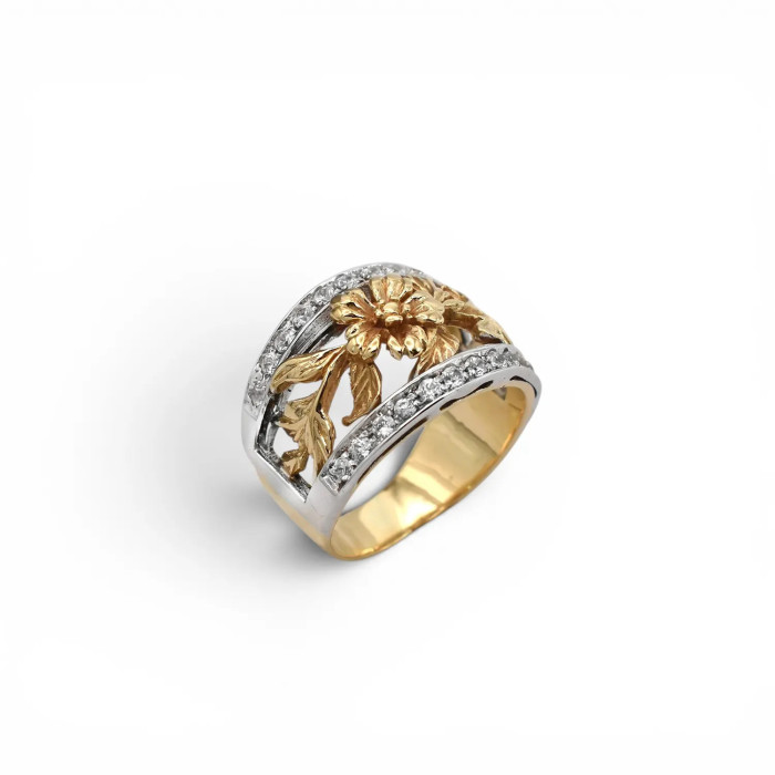 Zweifarbiger Goldring (18 Karat) mit floralem Motiv und Zirkonia – 9,60 g