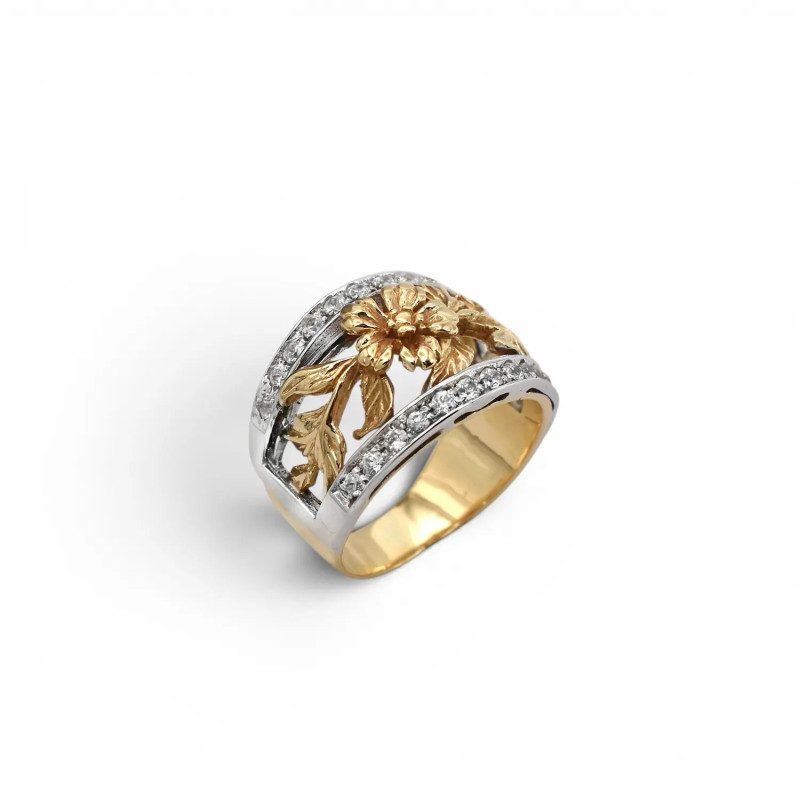 18kt Two-Tone Gold Band Ring with Floral Motif and Zirconia - 9.60 gr