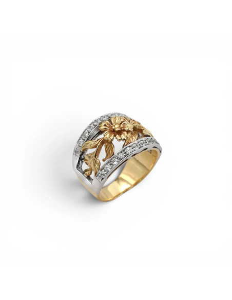 Zweifarbiger Goldring (18 Karat) mit floralem Motiv und Zirkonia – 9,60 g