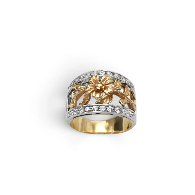 Zweifarbiger Goldring (18 Karat) mit floralem Motiv und Zirkonia – 9,60 g