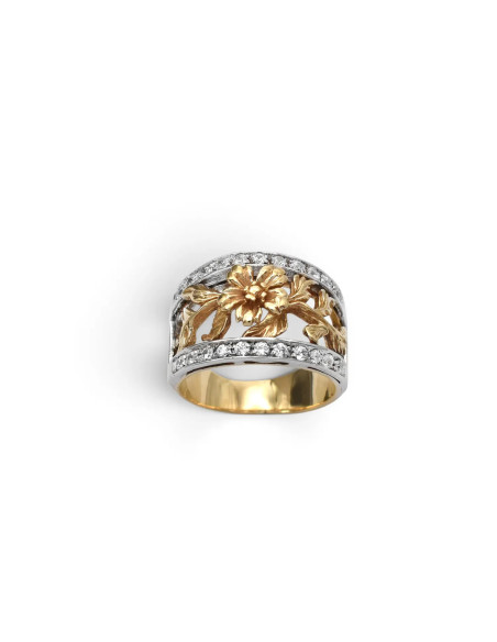 Anello a Fascia Oro Bicolore 18kt con Motivo Floreale e Zirconi - 9,60 gr