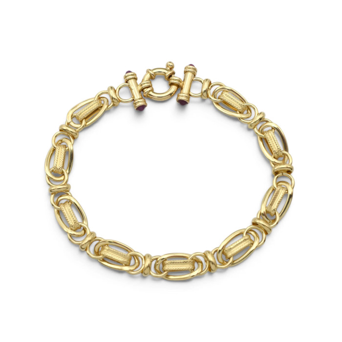 Pulsera de oro amarillo de 18 quilates con eslabones trabajados y rubíes cabujón, 20 cm - 8,60 g