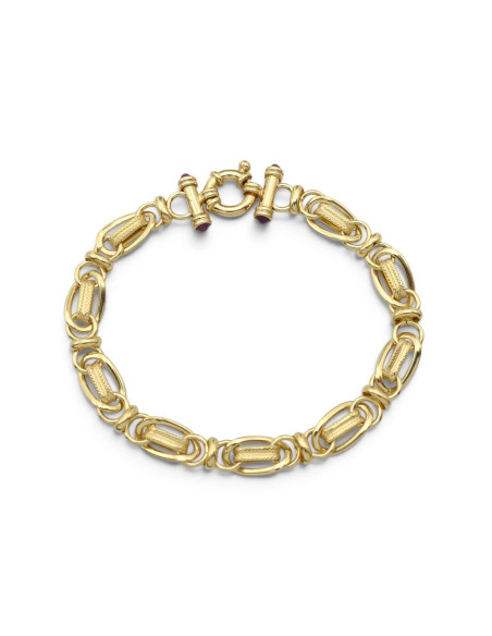 Armband aus 18-karätigem Gelbgold mit kunstvoll gearbeiteten Gliedern und Rubin-Cabochons, 20 cm – 8,60 g