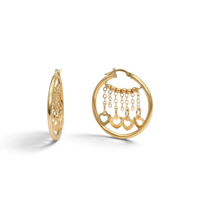 Pendientes de aro de oro amarillo de 18 quilates con colgantes en forma de corazón, 3 cm - 4,2 g