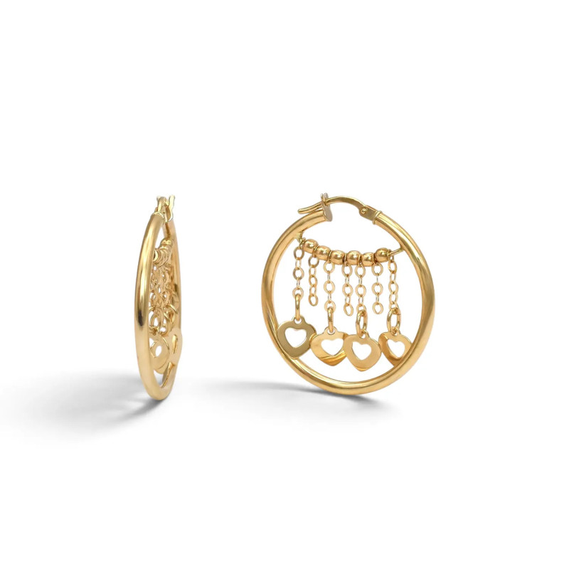 Orecchini a Cerchio Oro Giallo 18kt con Cuoricini Pendenti 3 cm - 4,2 gr
