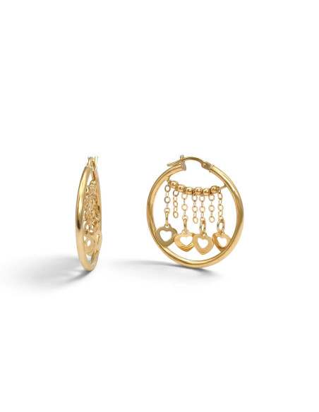 18kt Yellow Gold Hoop Earrings with Pendant Hearts 3 cm - 4.2 gr